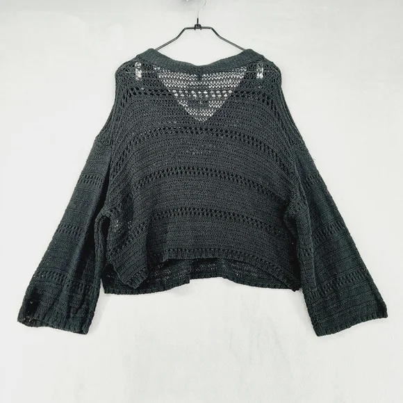 New Joe's Women's Black V-Neck Long Sleeve Knit Crochet Cropped Sweater P3690 - Picture 5 of 8